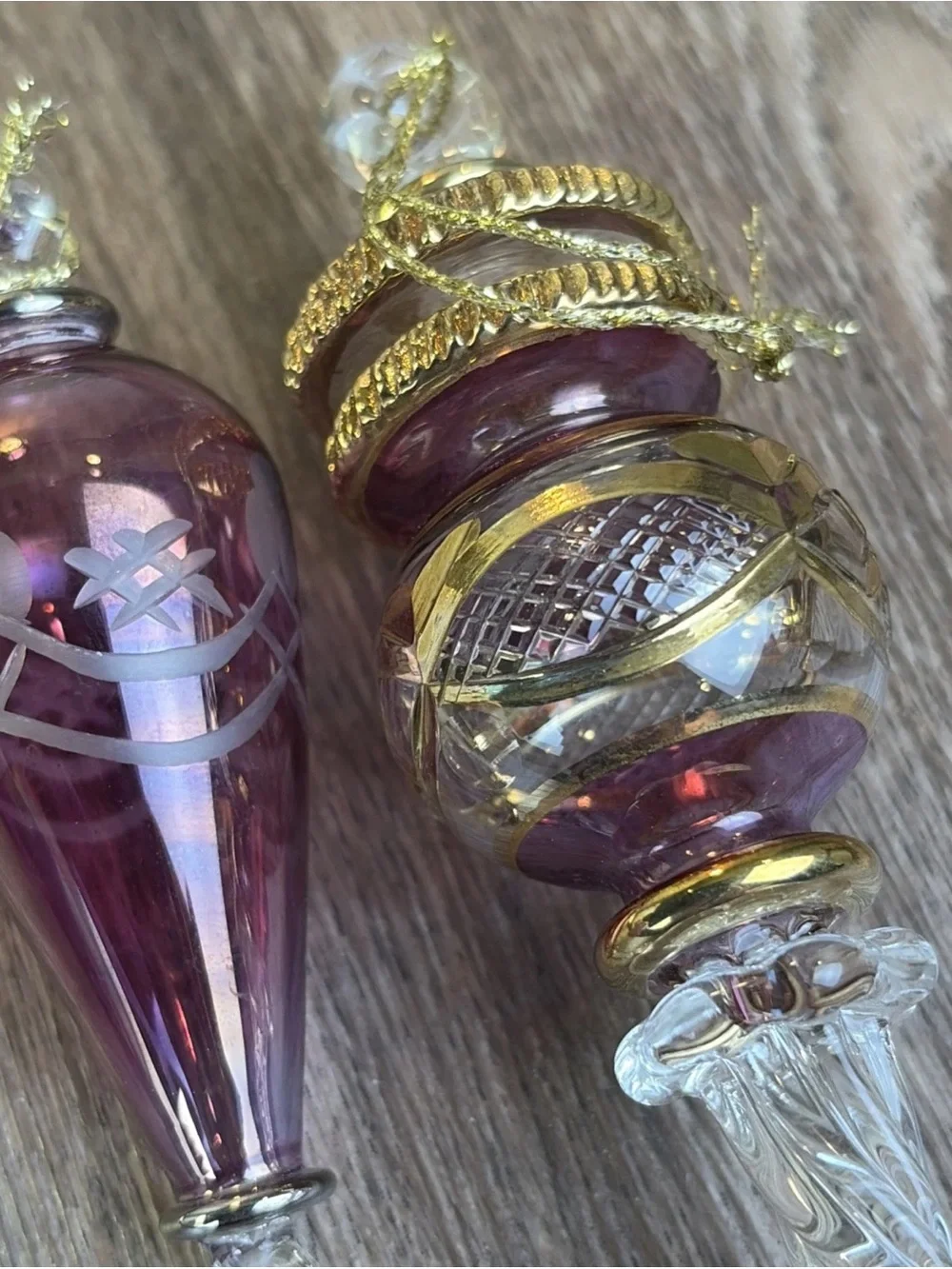 Set of 2 Egyptian Hand Blown Fancy Gold Purple Etched Glass Christmas Ornaments